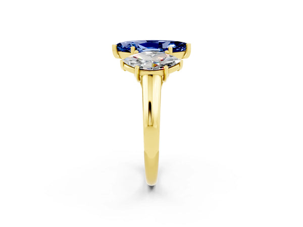 Yellow gold Three-Stone Marquise Cut Blue Sapphire Engagement Ring with Prong Setting