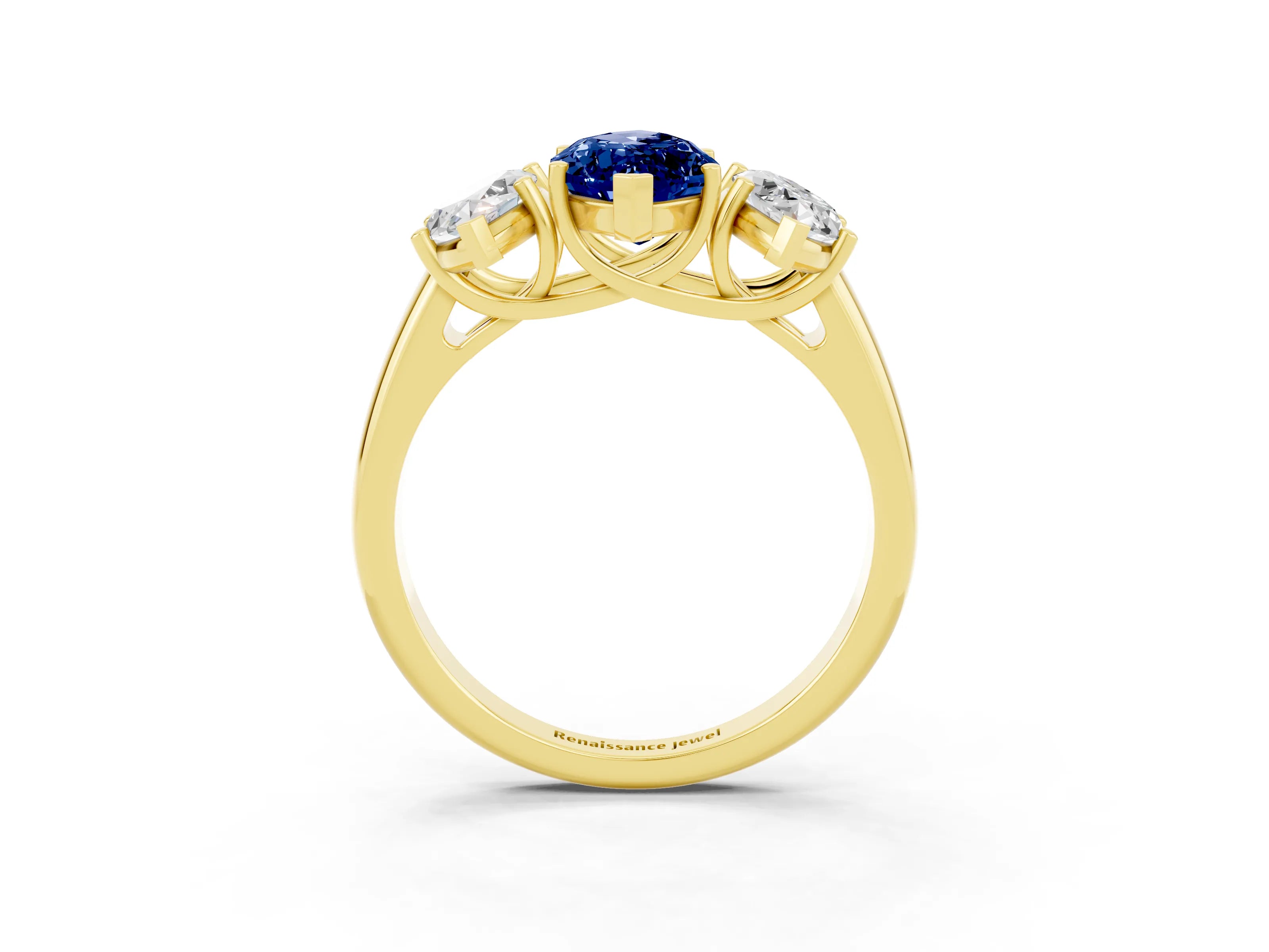 Yellow gold Three-Stone Marquise Cut Blue Sapphire Engagement Ring with Prong Setting_3