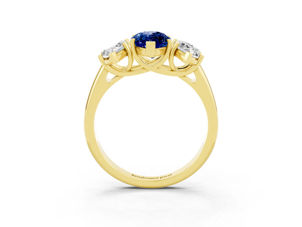 Yellow gold Three-Stone Marquise Cut Blue Sapphire Engagement Ring with Prong Setting