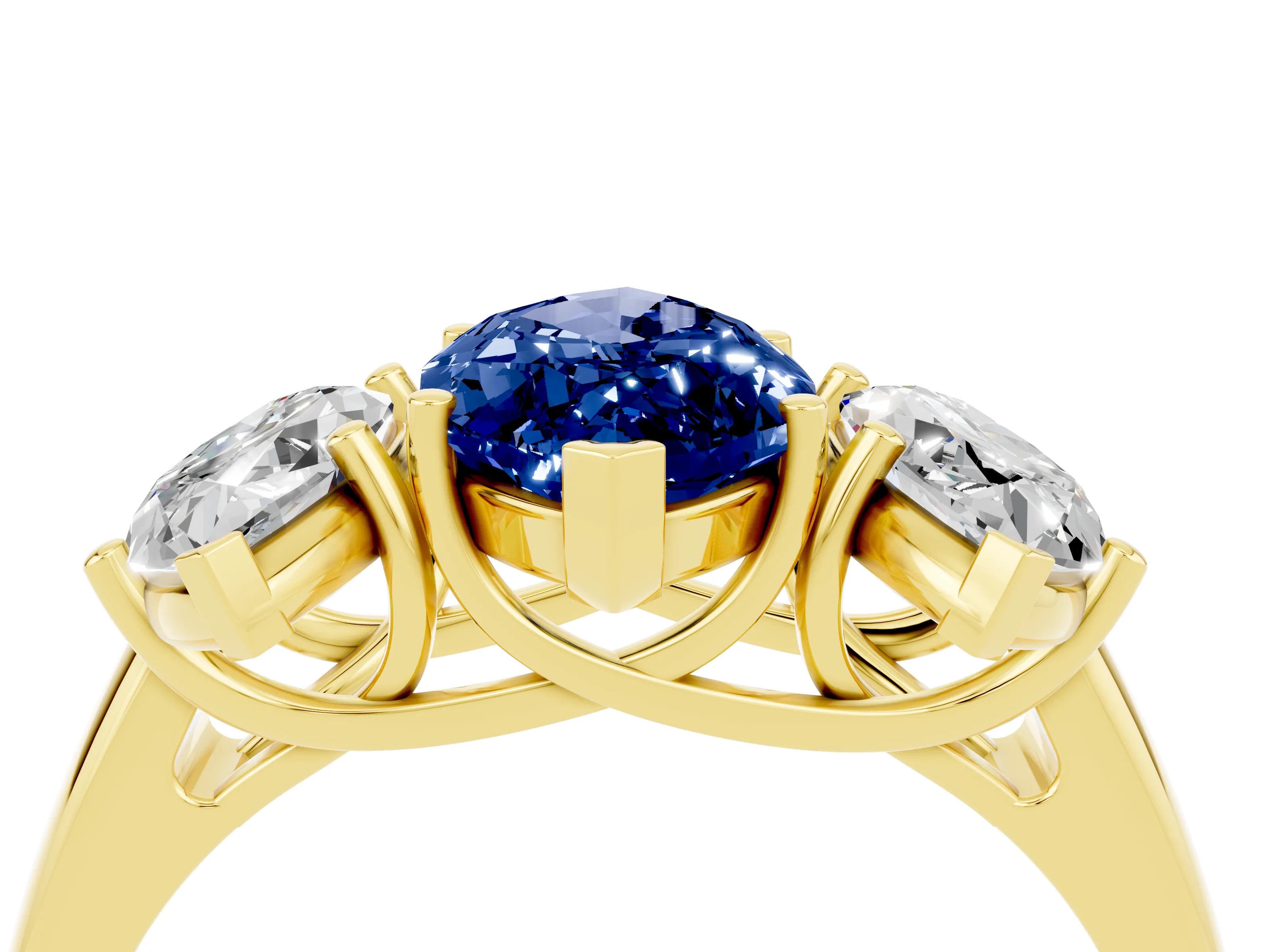 Yellow gold Three-Stone Marquise Cut Blue Sapphire Engagement Ring with Prong Setting_4