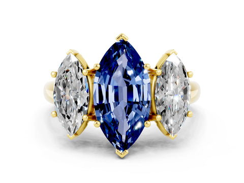 Yellow gold Three-Stone Marquise Cut Blue Sapphire Engagement Ring with Prong Setting