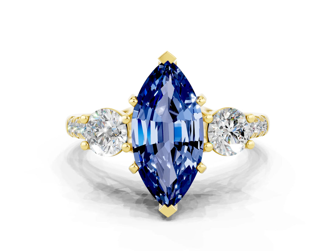 Yellow gold Three-Stone Marquise Cut Blue Sapphire Pavé Band with Four-Prong Setting