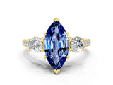 Yellow gold Three-Stone Marquise Cut Blue Sapphire Pavé Band with Four-Prong Setting