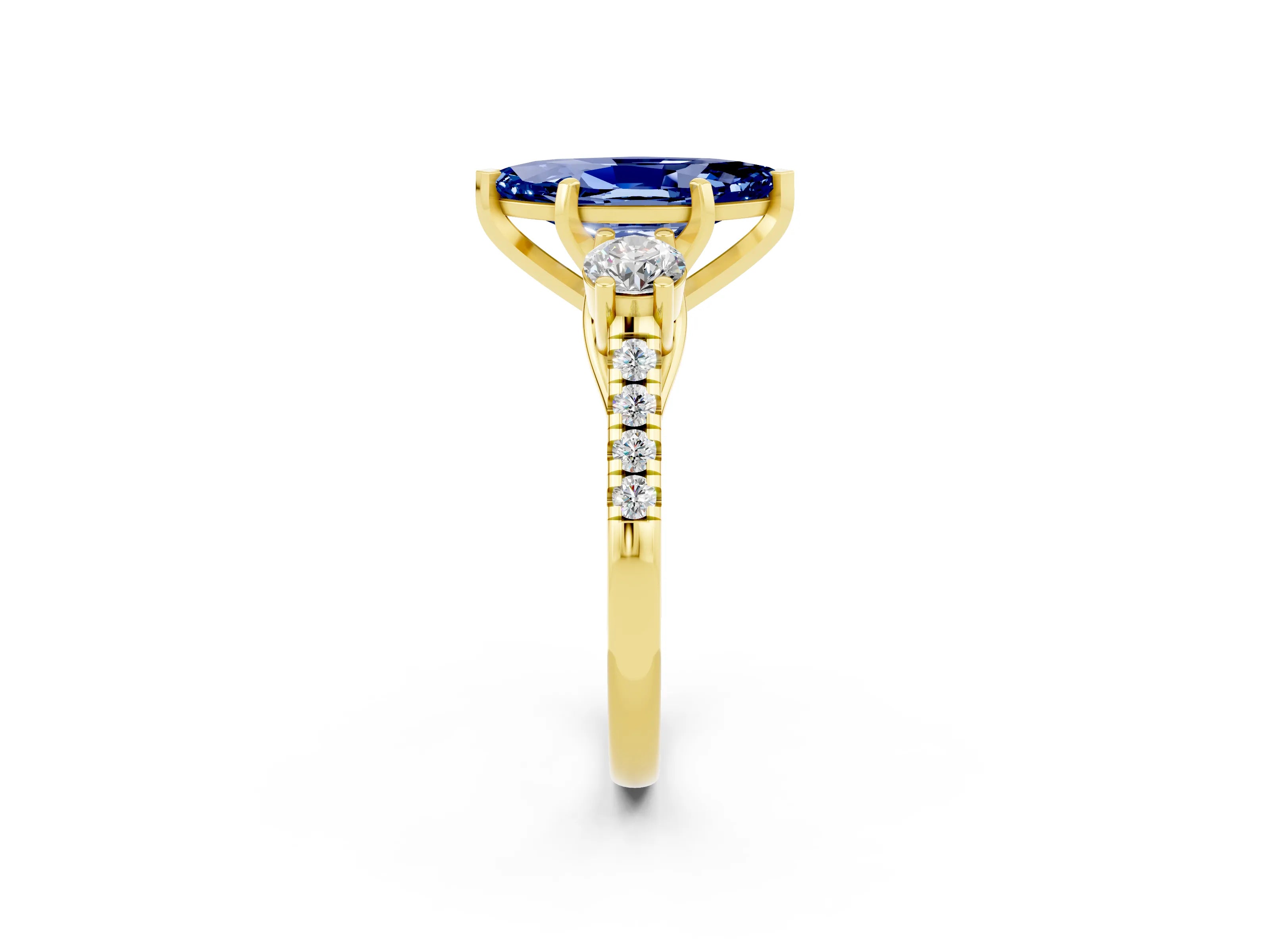 Yellow gold Three-Stone Marquise Cut Blue Sapphire Pavé Band with Four-Prong Setting_2
