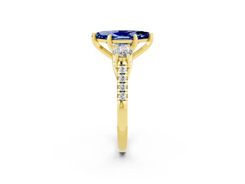 Yellow gold Three-Stone Marquise Cut Blue Sapphire Pavé Band with Four-Prong Setting_2