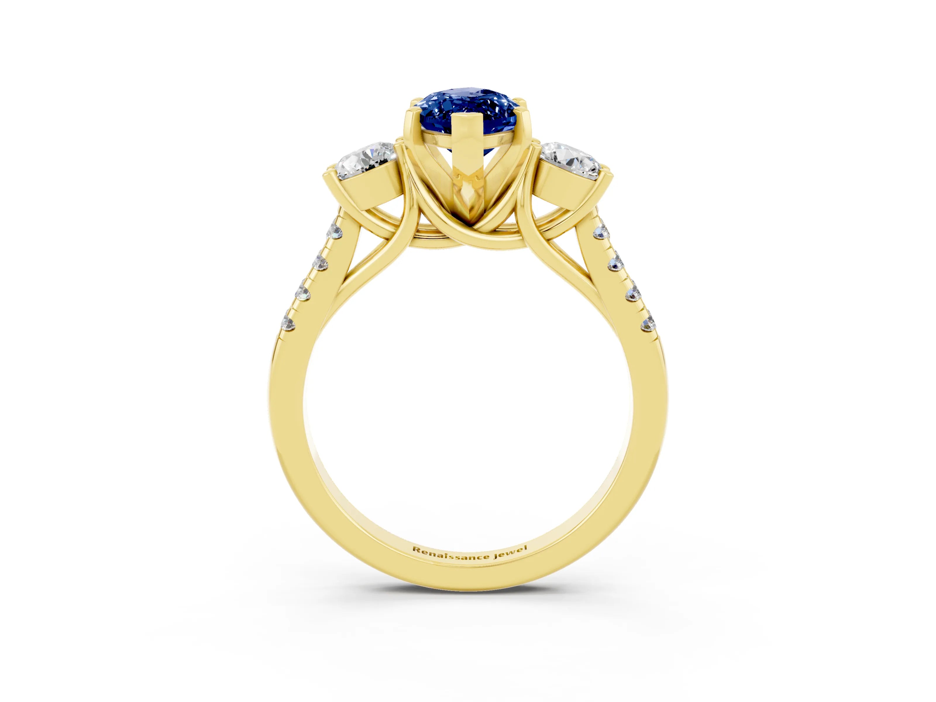 Yellow gold Three-Stone Marquise Cut Blue Sapphire Pavé Band with Four-Prong Setting_3