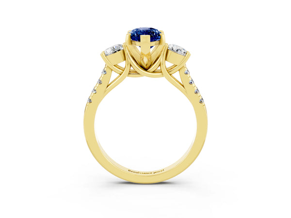 Yellow gold Three-Stone Marquise Cut Blue Sapphire Pavé Band with Four-Prong Setting