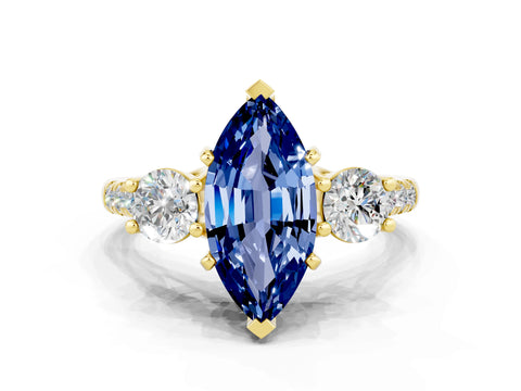 Yellow gold Three-Stone Marquise Cut Blue Sapphire Pavé Band with Four-Prong Setting