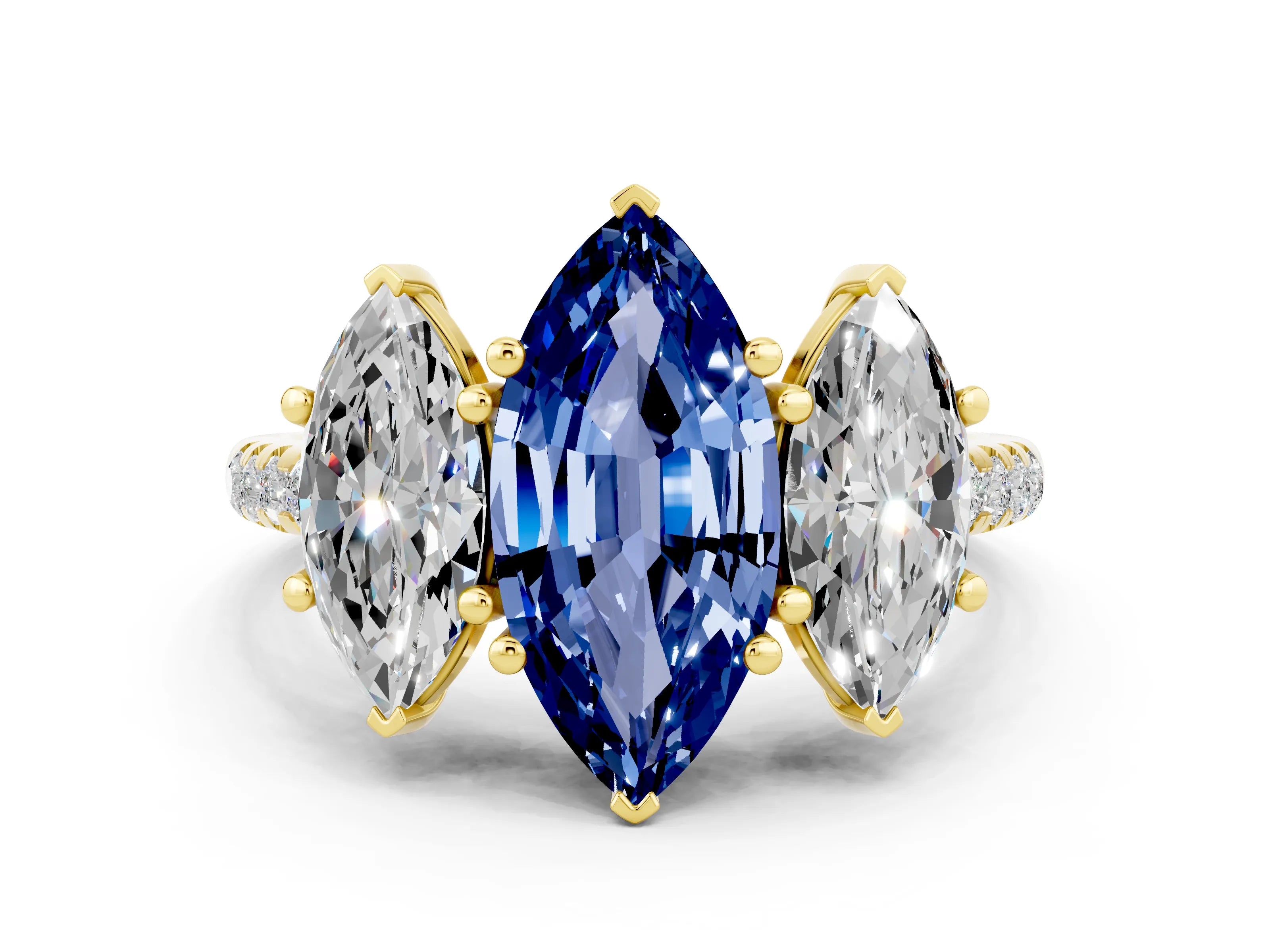 Yellow gold Three-Stone Marquise Cut Blue Sapphire Ring with Pavé Band and Prong Setting_12