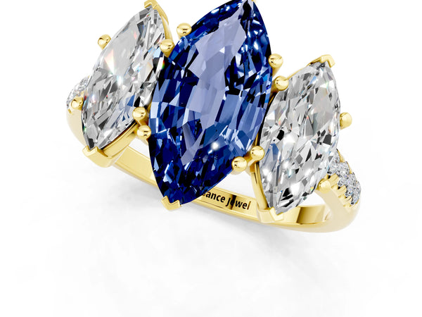 Yellow gold Three-Stone Marquise Cut Blue Sapphire Ring with Round  Pavé Band and Prong Setting