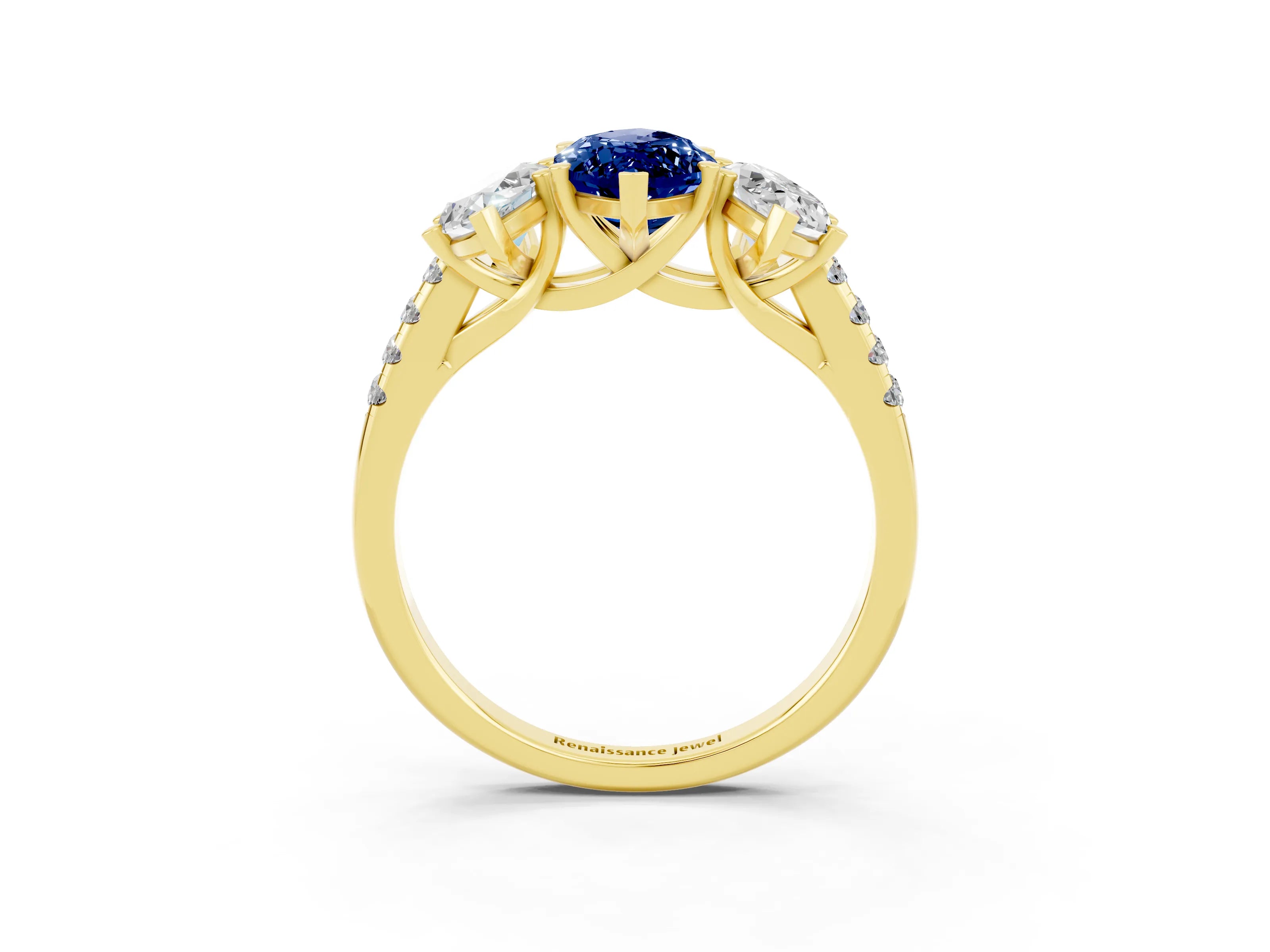 Yellow gold Three-Stone Marquise Cut Blue Sapphire Ring with Pavé Band and Prong Setting_15