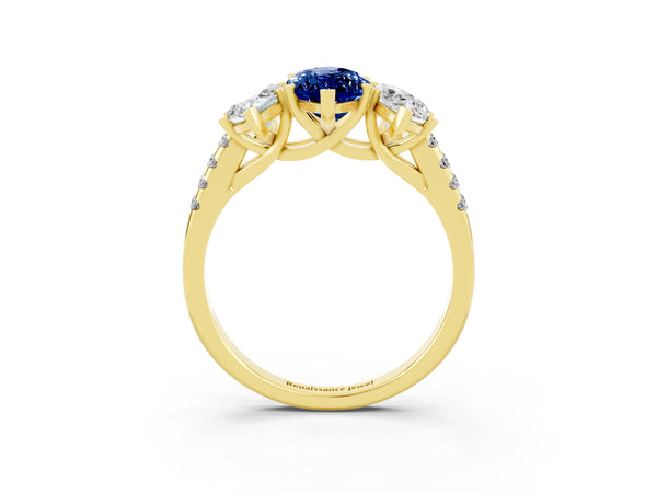 Yellow gold Three-Stone Marquise Cut Blue Sapphire Ring with Round  Pavé Band and Prong Setting