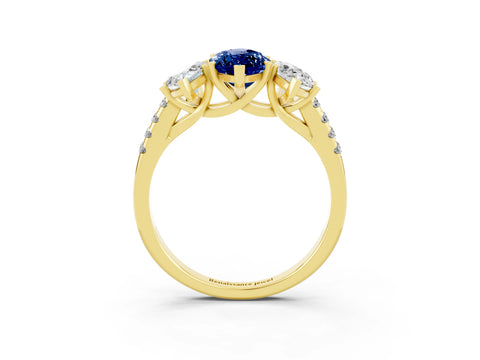 Yellow gold Three-Stone Marquise Cut Blue Sapphire Ring with Pavé Band and Prong Setting_15