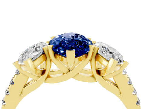 Yellow gold Three-Stone Marquise Cut Blue Sapphire Ring with Pavé Band and Prong Setting_16