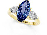 Yellow gold Three-Stone Marquise Cut Blue Sapphire Ring with Pear Side Stones and Four-Prong Setting_1