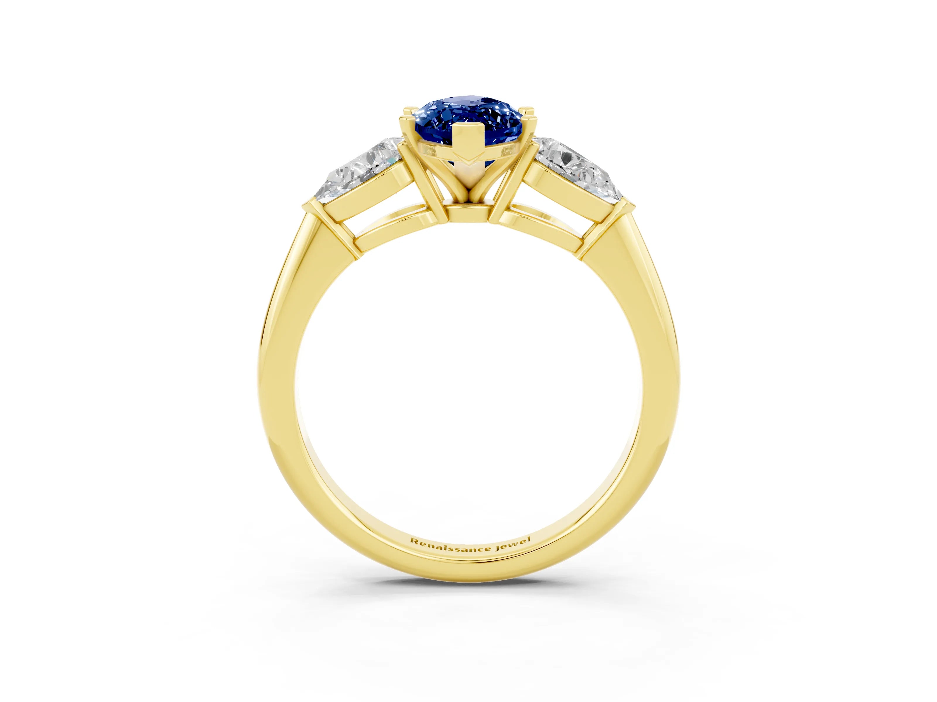 Yellow gold Three-Stone Marquise Cut Blue Sapphire Ring with Pear Side Stones and Four-Prong Setting_3