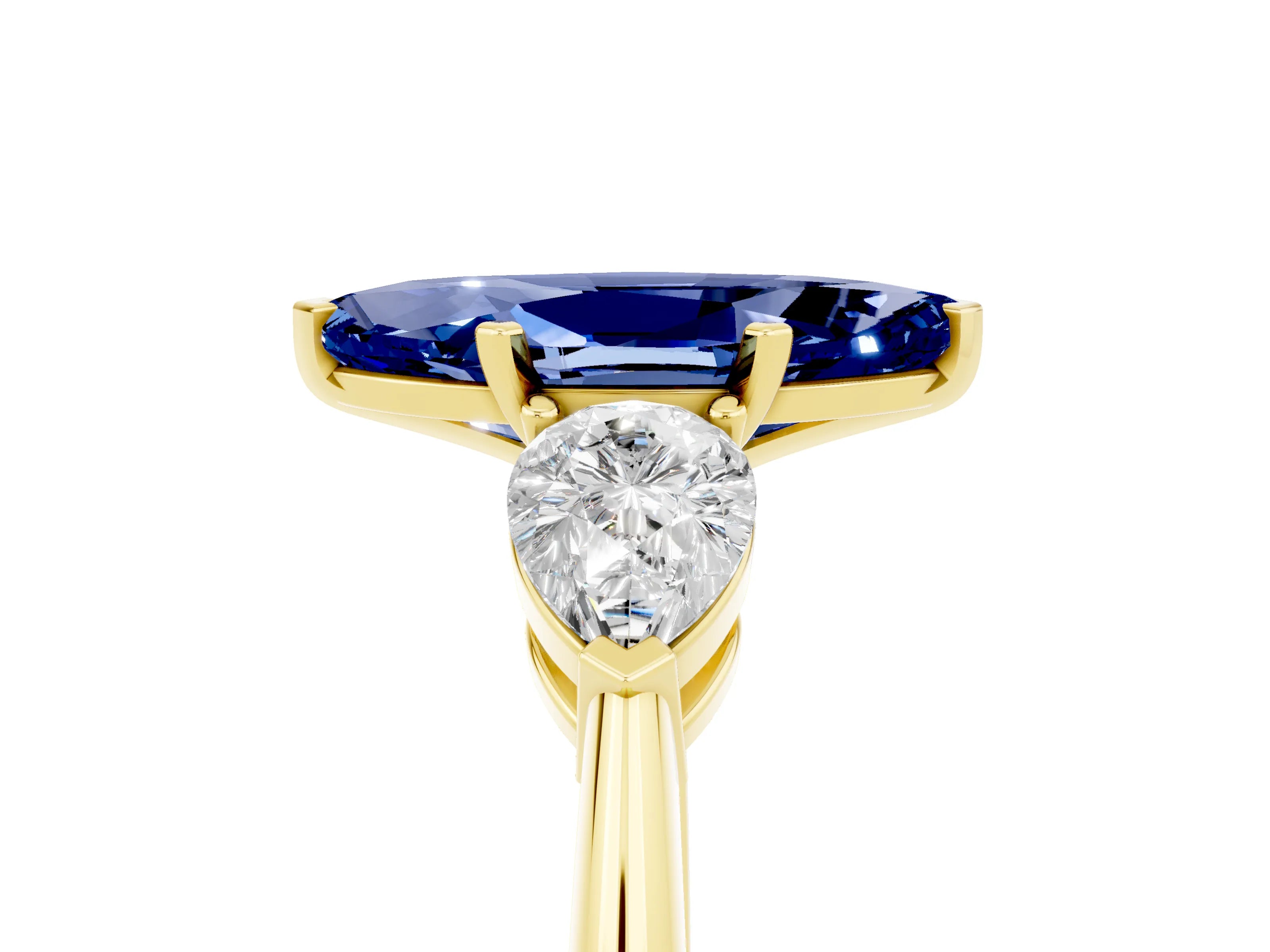 Yellow gold Three-Stone Marquise Cut Blue Sapphire Ring with Pear Side Stones and Four-Prong Setting_5