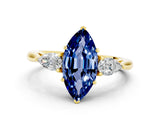 Yellow gold Three-Stone Marquise Cut Blue Sapphire Ring with Pear  Side Stones in Four-Prong Setting_12