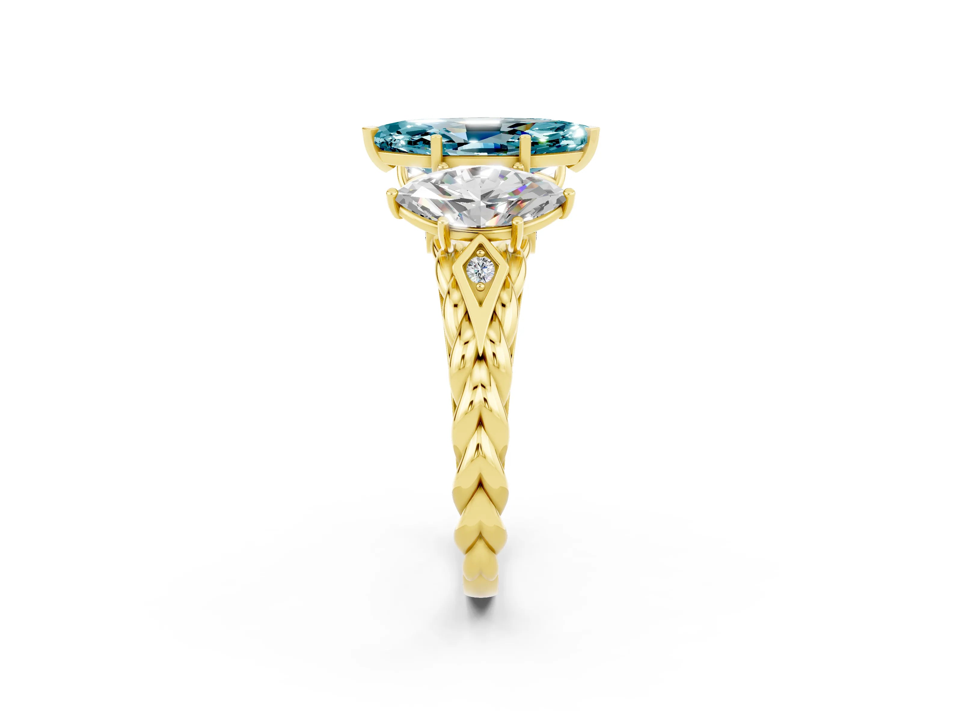 Yellow gold Three-Stone Marquise Cut Blue Topaz Braided Band Ring with Four-Prong Setting_14