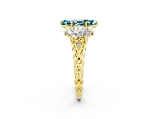 Yellow gold Three-Stone Marquise Cut Blue Topaz Braided Band Ring with Four-Prong Setting