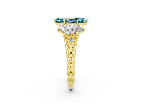Yellow gold Three-Stone Marquise Cut Blue Topaz Braided Band Ring with Four-Prong Setting_14