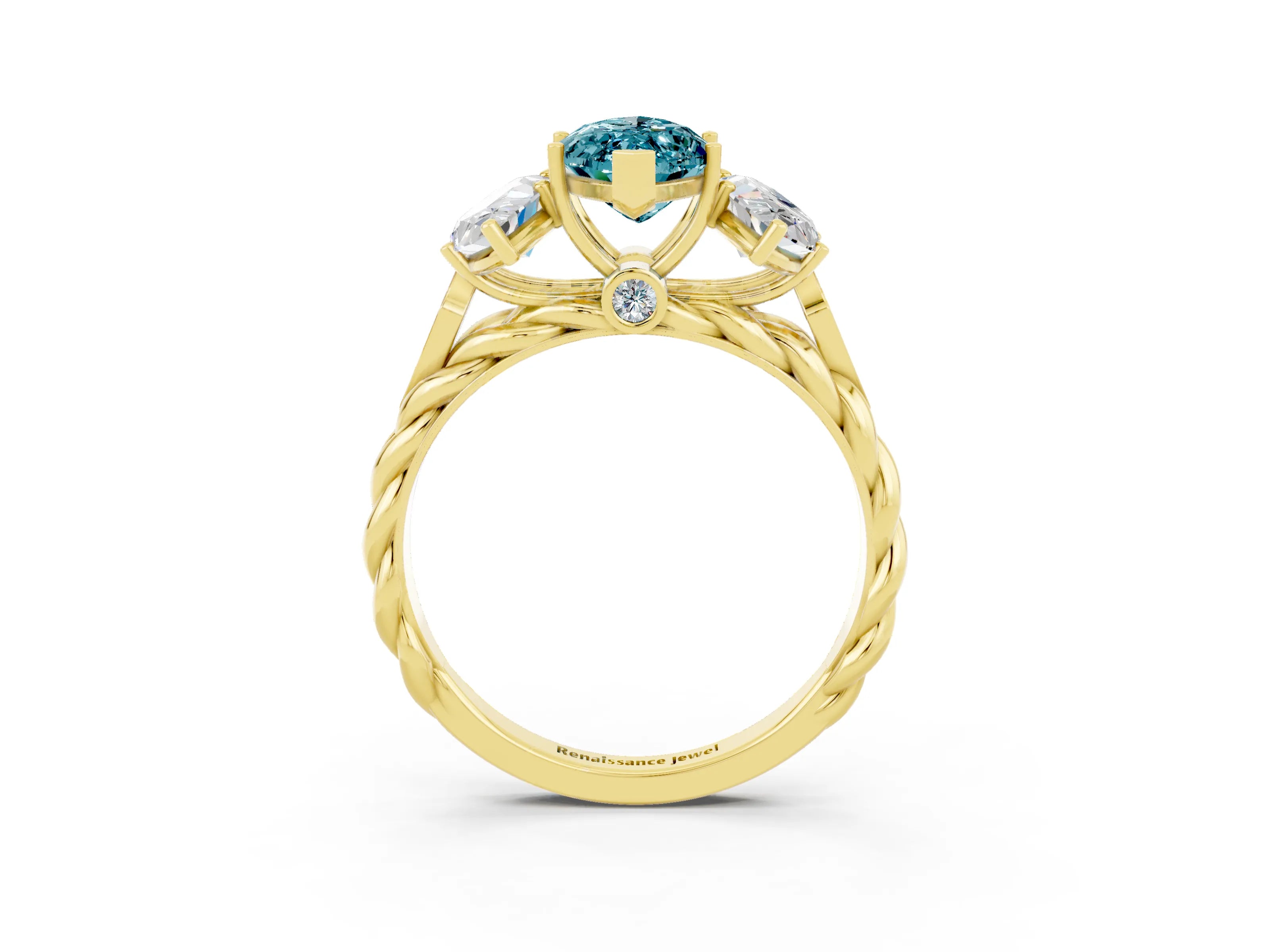 Yellow gold Three-Stone Marquise Cut Blue Topaz Braided Band Ring with Four-Prong Setting_15