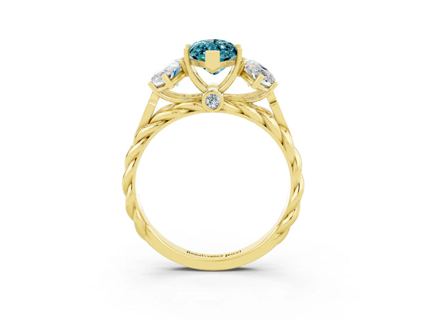 Yellow gold Three-Stone Marquise Cut Blue Topaz Braided Band Ring with Four-Prong Setting