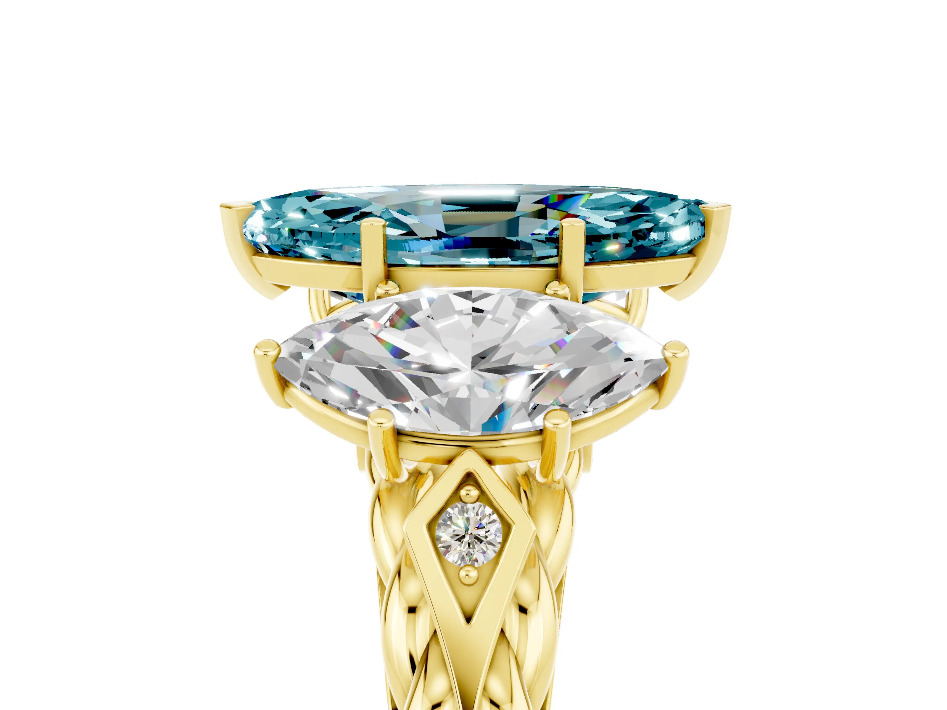 Yellow gold Three-Stone Marquise Cut Blue Topaz Braided Band Ring with Four-Prong Setting_17