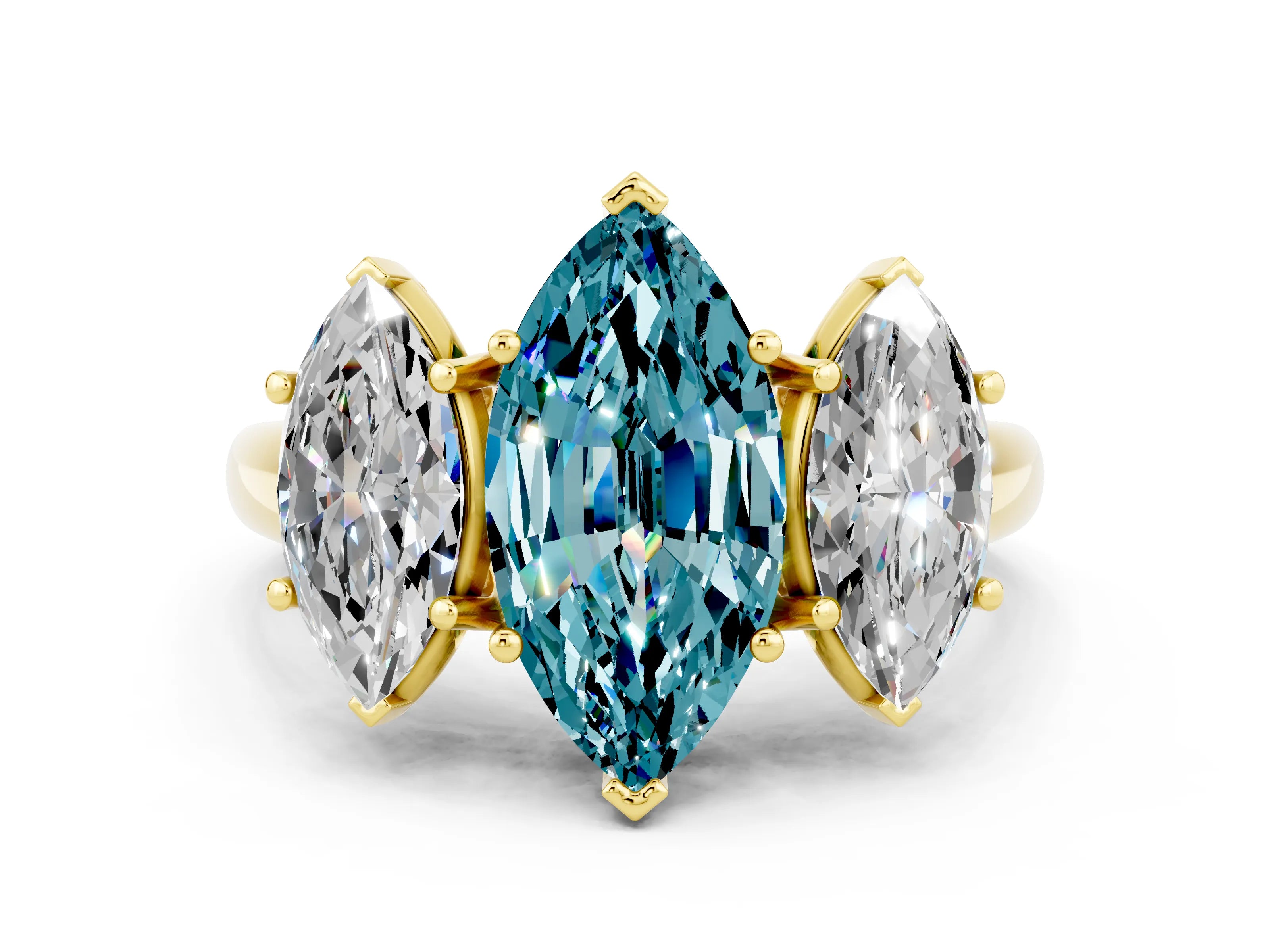 Yellow gold Three-Stone Marquise Cut Blue Topaz Engagement Ring with Prong Setting
