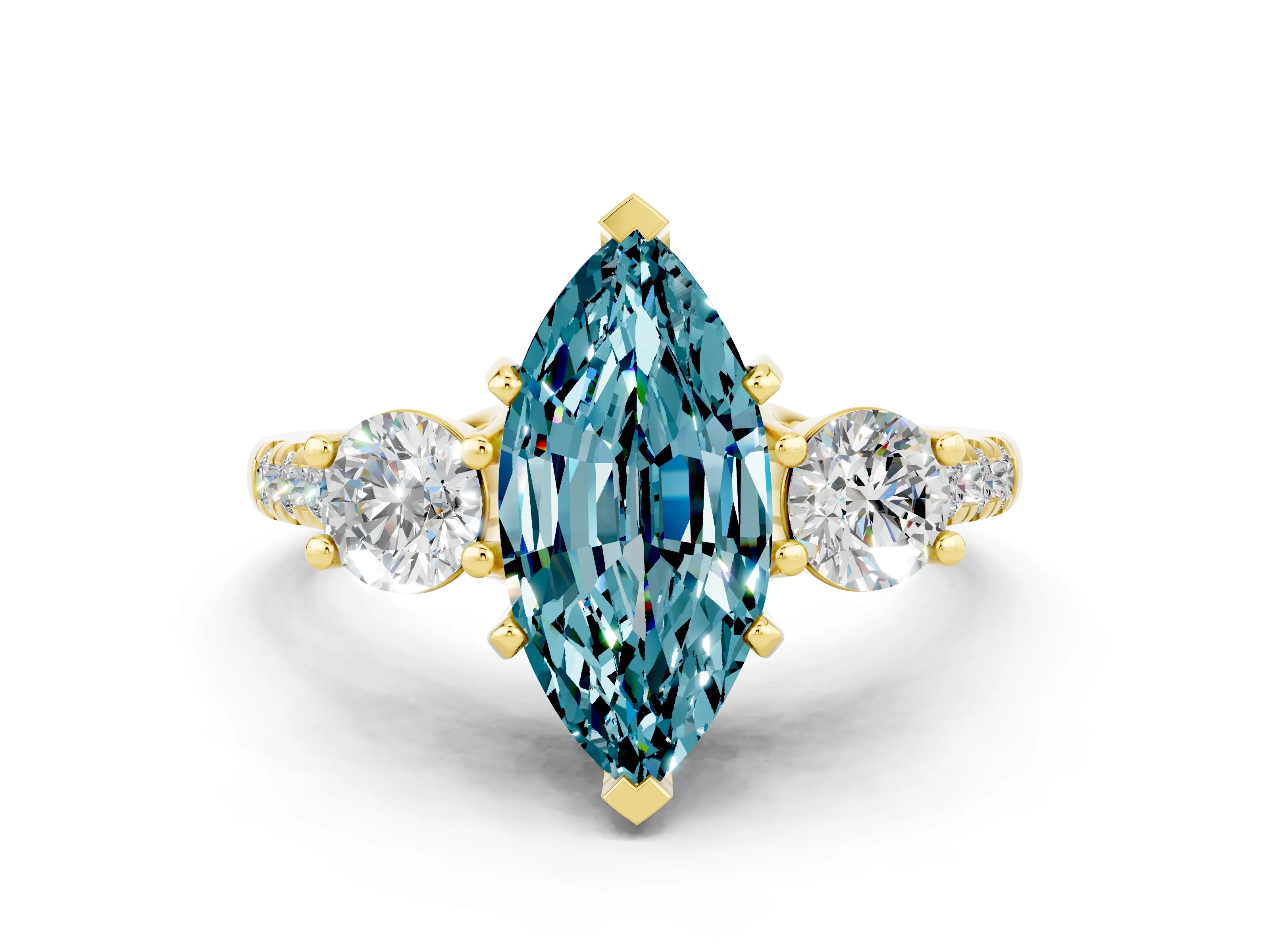 Yellow gold Three-Stone Marquise Cut Blue Topaz Pavé Band with Four-Prong Setting