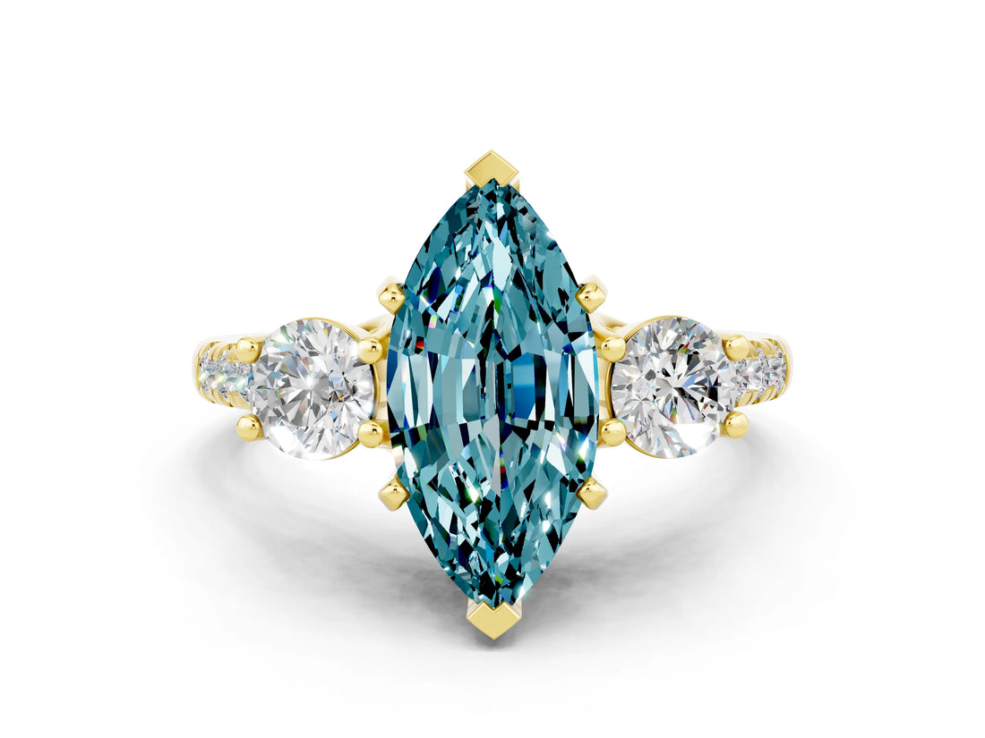 Yellow gold Three-Stone Marquise Cut Blue Topaz Pavé Band with Four-Prong Setting