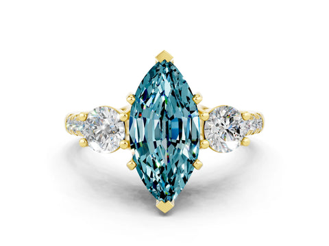 Yellow gold Three-Stone Marquise Cut Blue Topaz Pavé Band with Four-Prong Setting