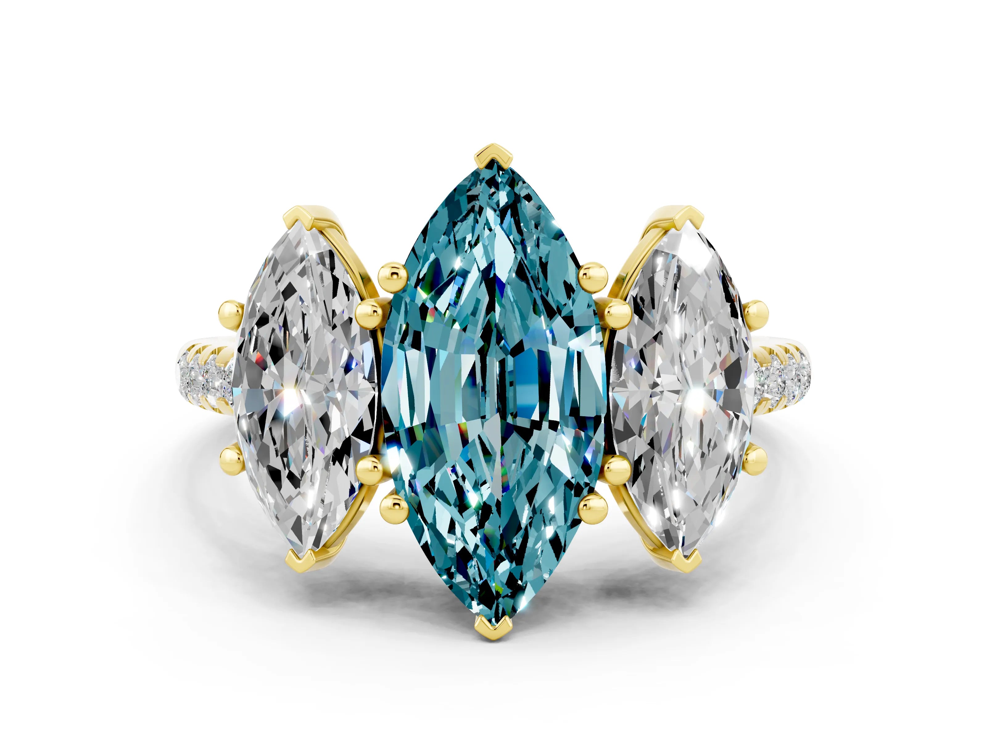 Yellow gold Three-Stone Marquise Cut Blue Topaz Ring with Pavé Band and Prong Setting_12