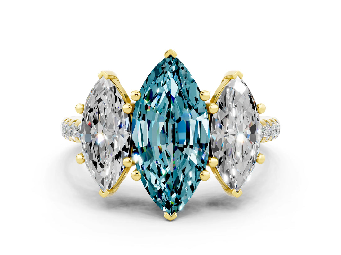 Yellow gold Three-Stone Marquise Cut Blue Topaz Ring with Pavé Band and Prong Setting_12