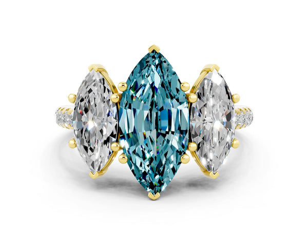 Yellow gold Three-Stone Marquise Cut Blue Topaz Ring with Round  Pavé Band and Prong Setting