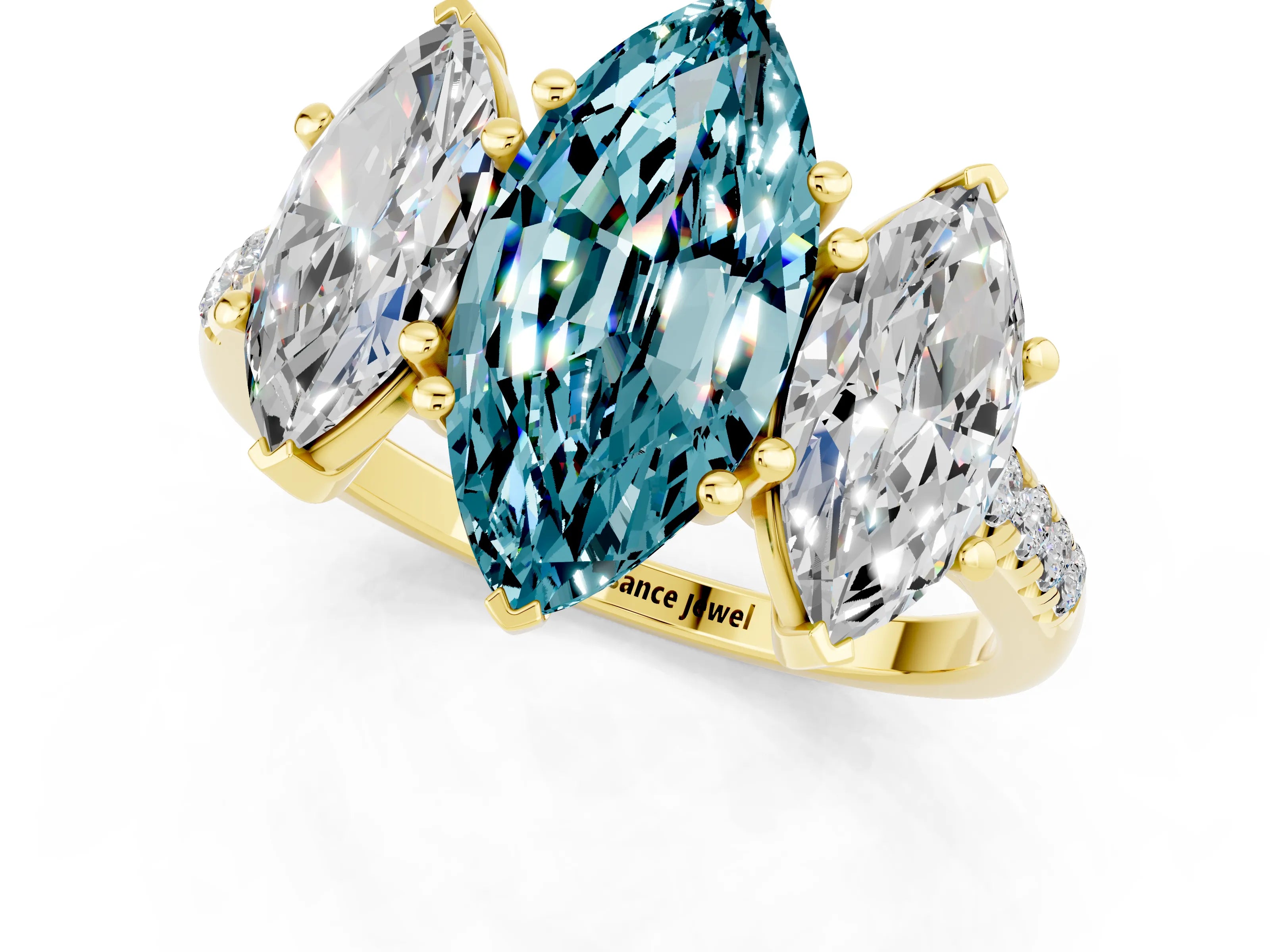 Yellow gold Three-Stone Marquise Cut Blue Topaz Ring with Pavé Band and Prong Setting_13