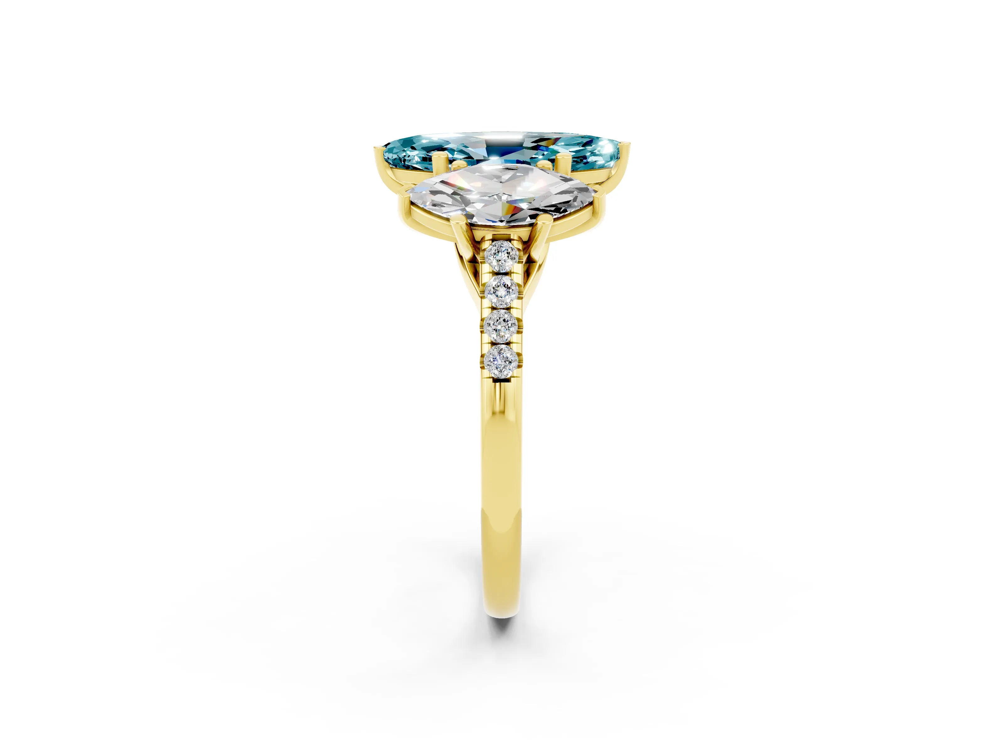 Yellow gold Three-Stone Marquise Cut Blue Topaz Ring with Pavé Band and Prong Setting_14
