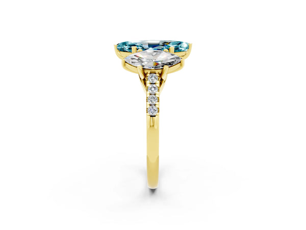 Yellow gold Three-Stone Marquise Cut Blue Topaz Ring with Round  Pavé Band and Prong Setting