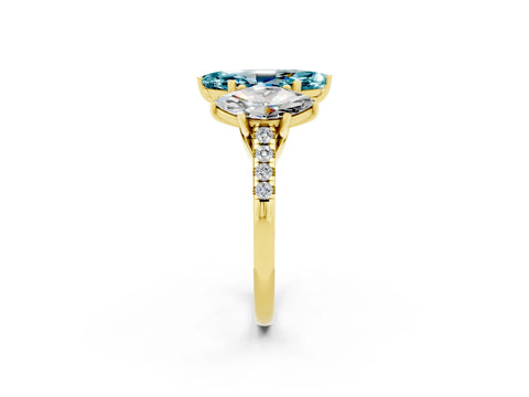Yellow gold Three-Stone Marquise Cut Blue Topaz Ring with Pavé Band and Prong Setting_14