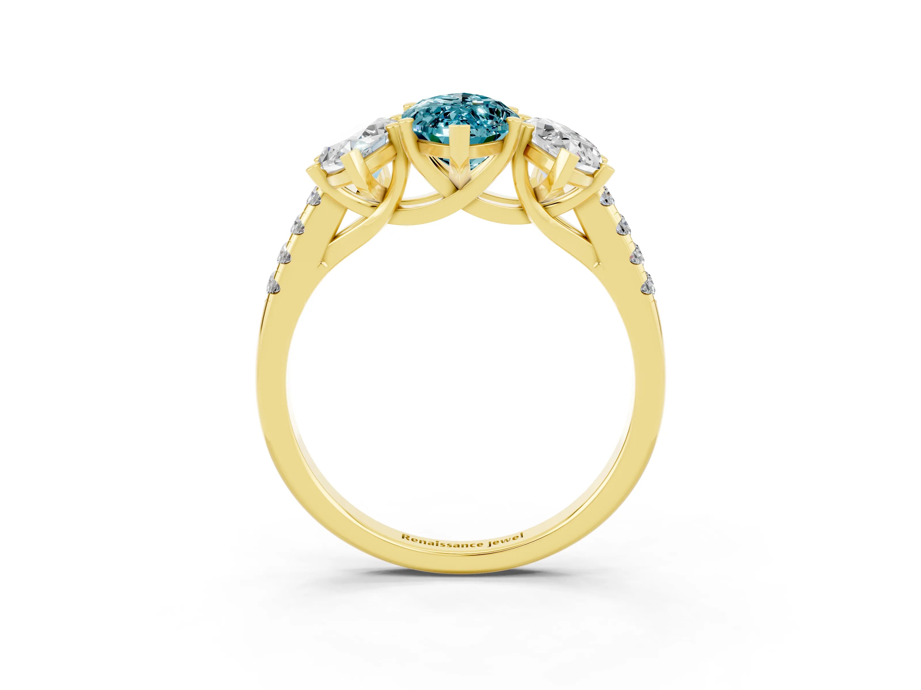 Yellow gold Three-Stone Marquise Cut Blue Topaz Ring with Pavé Band and Prong Setting_15