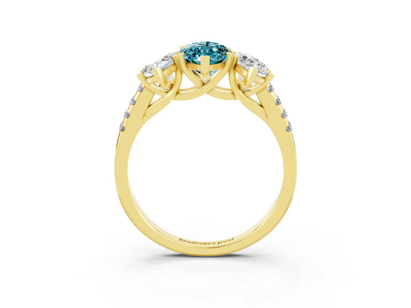Yellow gold Three-Stone Marquise Cut Blue Topaz Ring with Round  Pavé Band and Prong Setting