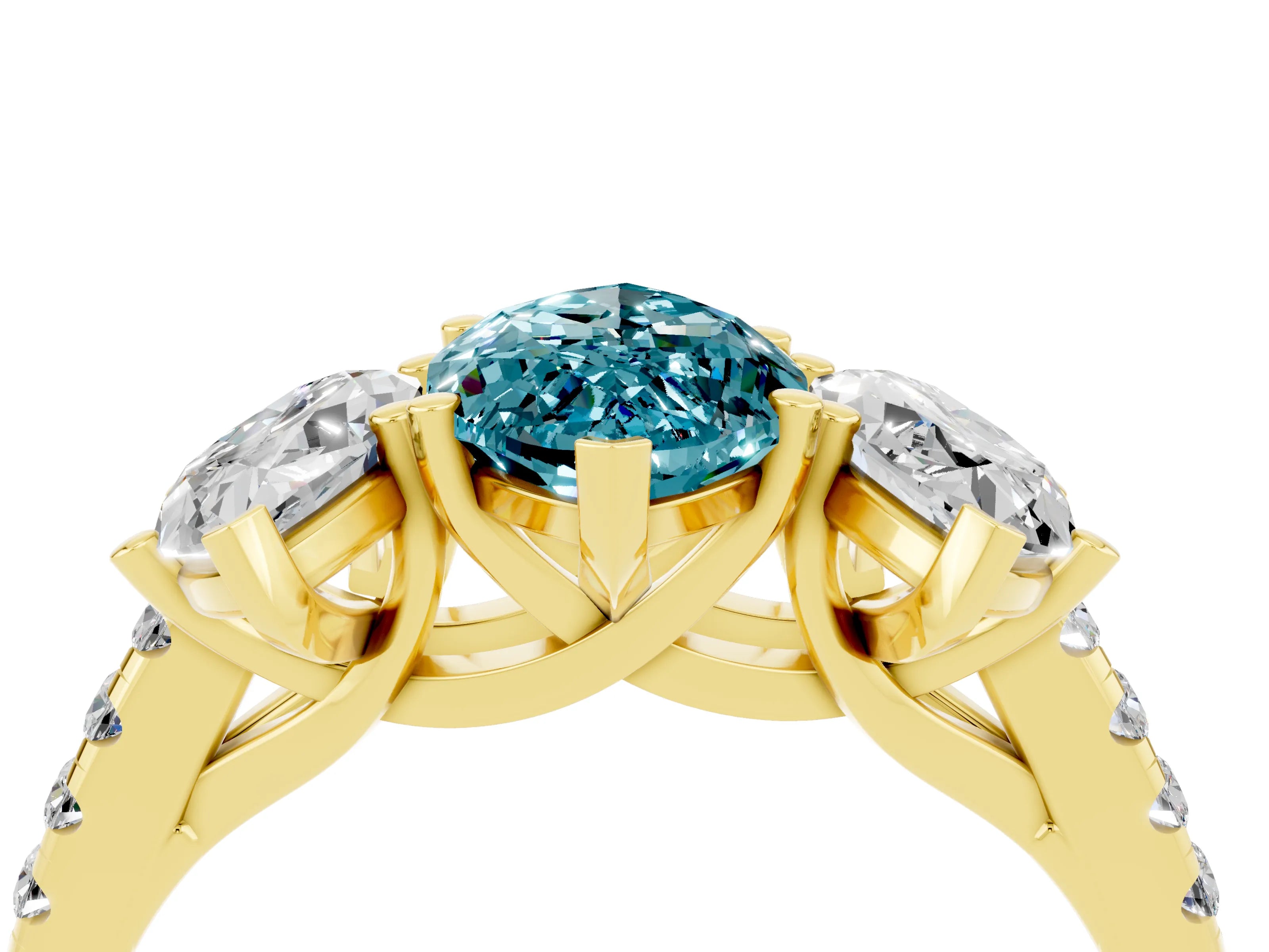 Yellow gold Three-Stone Marquise Cut Blue Topaz Ring with Pavé Band and Prong Setting_16