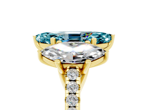 Yellow gold Three-Stone Marquise Cut Blue Topaz Ring with Pavé Band and Prong Setting_17