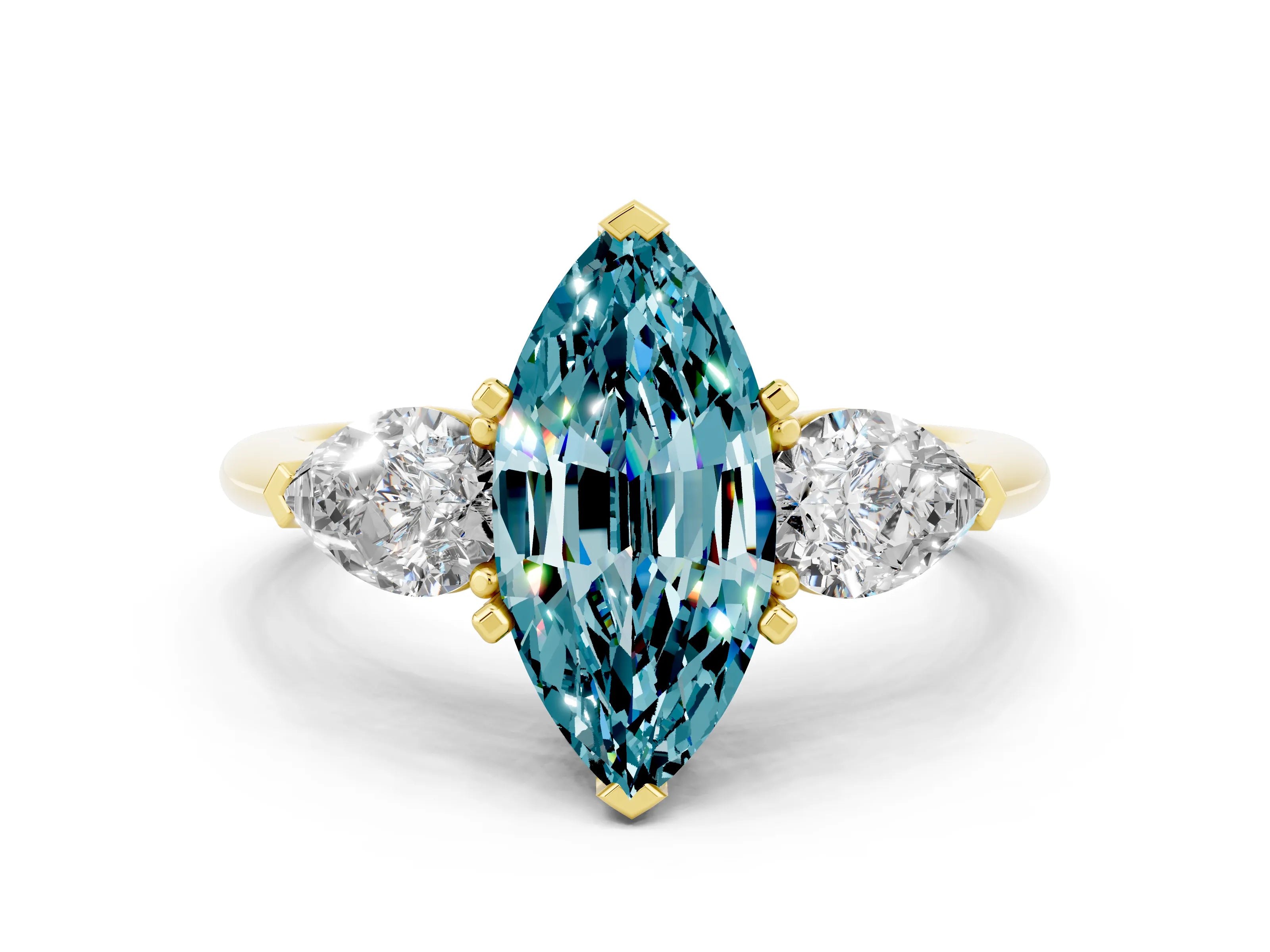 Yellow gold Three-Stone Marquise Cut Blue Topaz Ring with Pear Side Stones and Four-Prong Setting