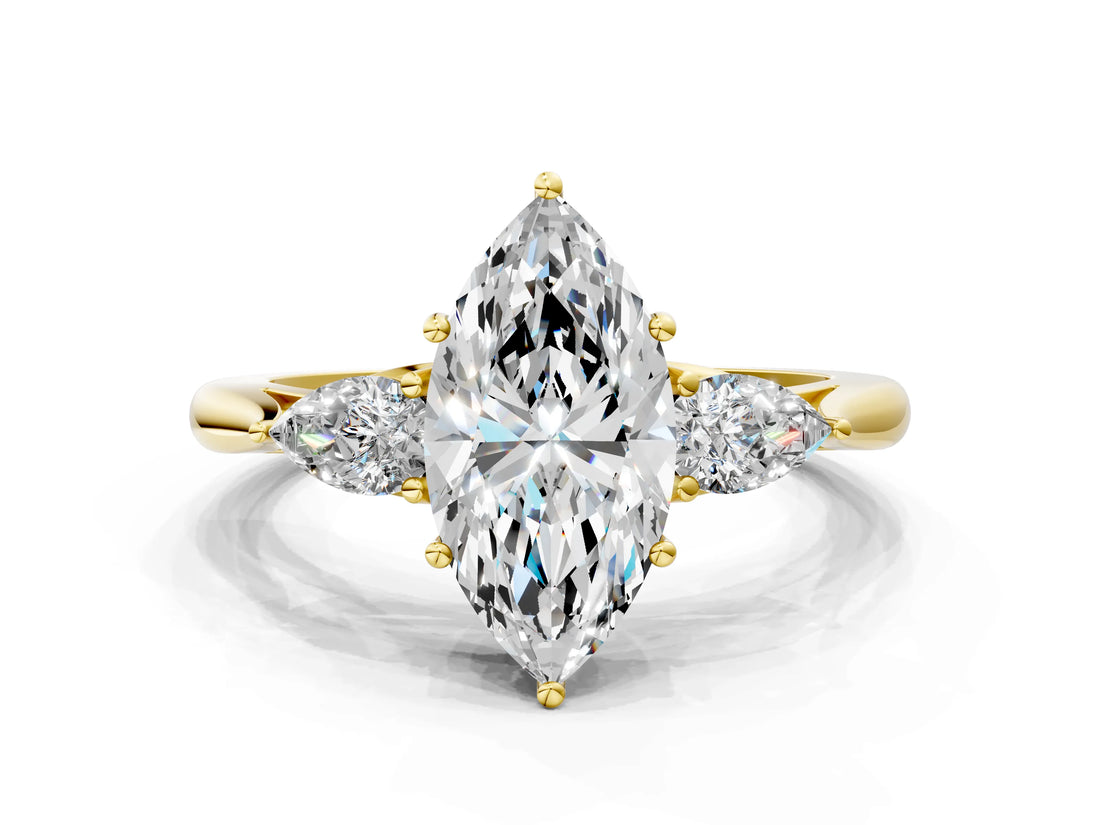 Yellow gold Three-Stone Marquise Cut Brilliant Diamond Solitaire Ring with Tapered Band and Four-Prong Setting_12
