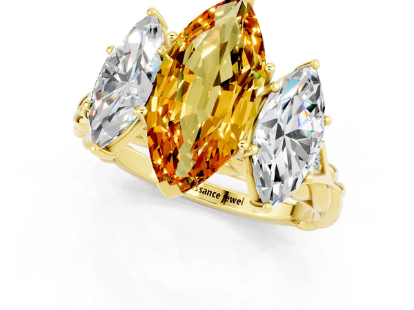 Yellow gold Three-Stone Marquise Cut Citrine Braided Band Ring with Four-Prong Setting