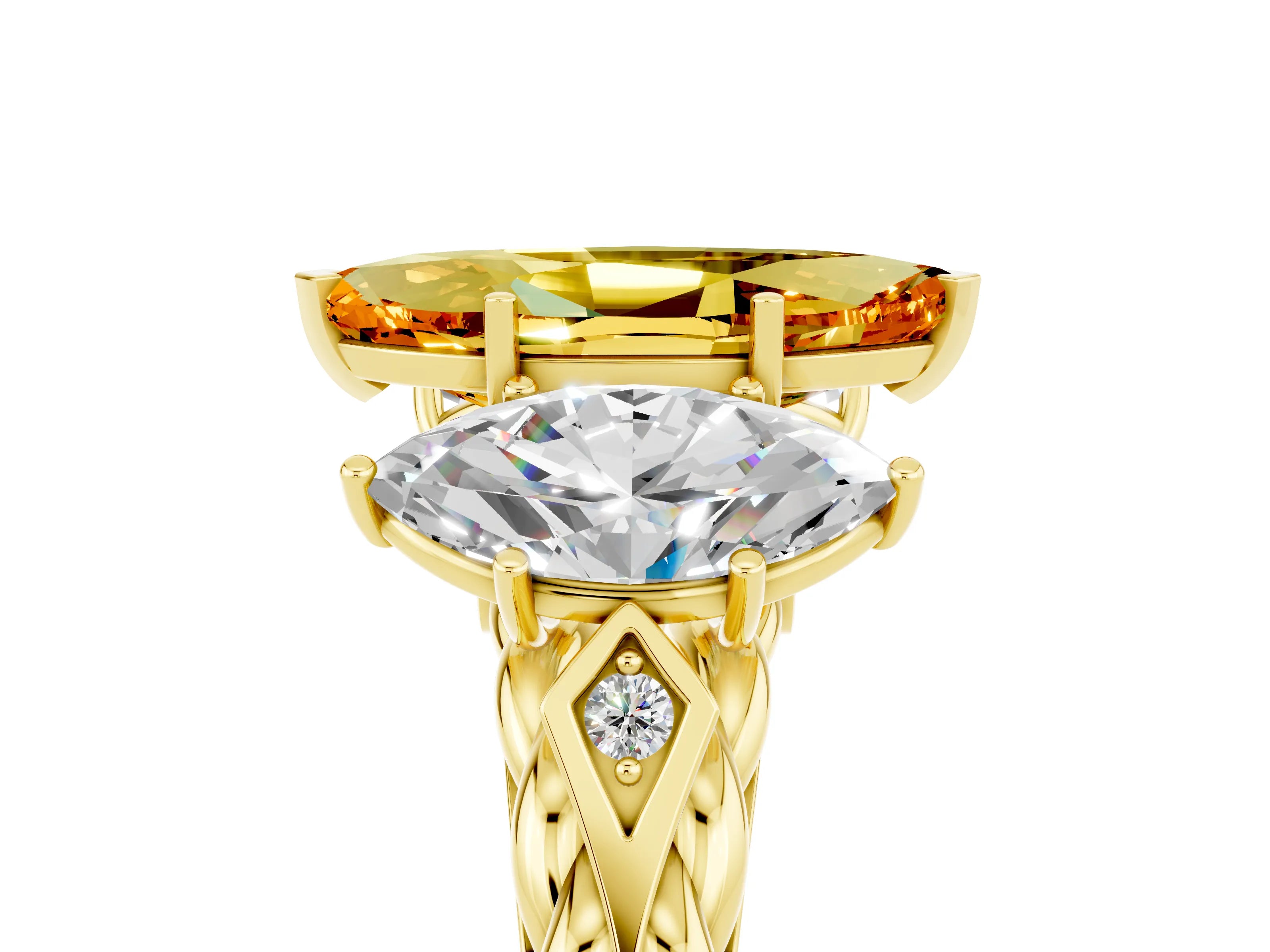 Yellow gold Three-Stone Marquise Cut Citrine Braided Band Ring with Four-Prong Setting_17