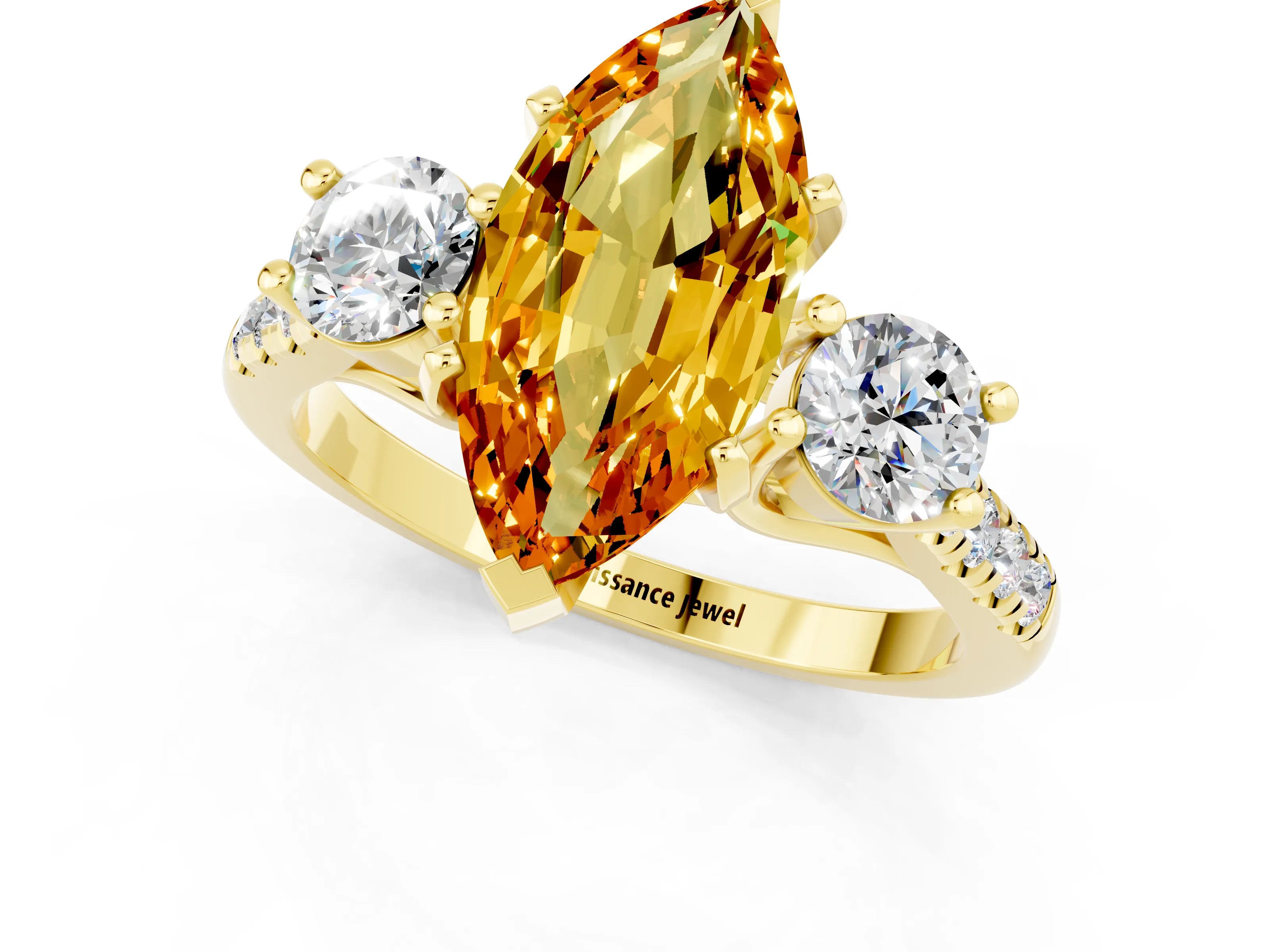 Yellow gold Three-Stone Marquise Cut Citrine Pavé Band with Four-Prong Setting_1