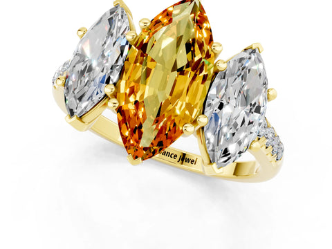 Yellow gold Three-Stone Marquise Cut Citrine Ring with Pavé Band and Prong Setting_13