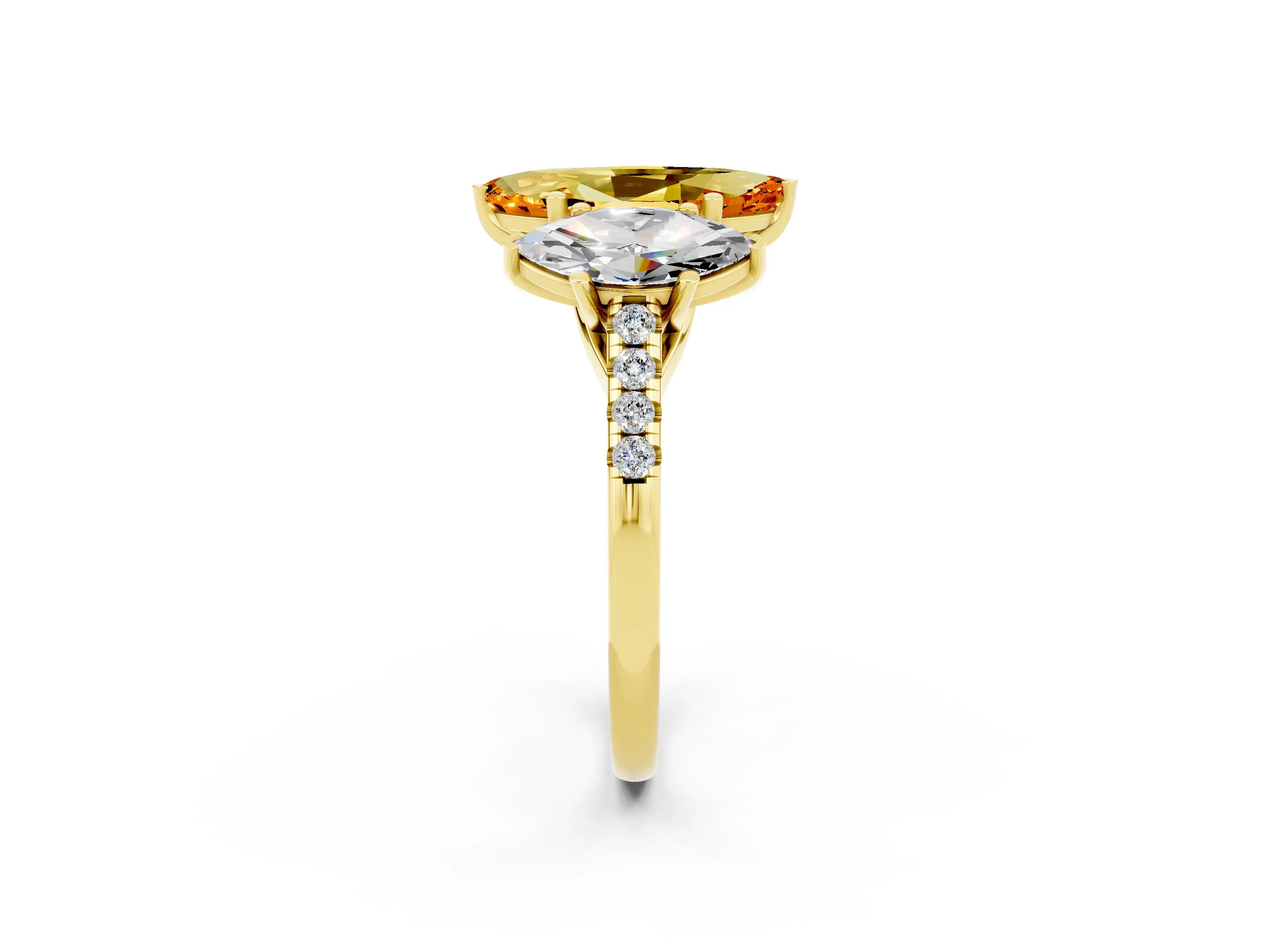 Yellow gold Three-Stone Marquise Cut Citrine Ring with Pavé Band and Prong Setting_14